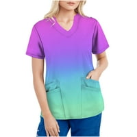 Daqian Womens Plus Veličina Žene vrhovi kratkih rukava V-izrez V-izrez Radna uniforma Tie-boja Gradient Rainbow Cvjetni tisak sa četiri džepa Bluza Ženske grafičke teže