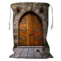Stari drveni otvor za željeznog vrata Srednjovjekovni dvorac Košarica za spremanje za pranje rublja
