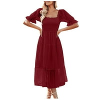 Usmixi ženske haljine plaža casual bavela lampa elastična struka šifonske haljine od punog kvadratnog vrata s kratkim rukavima dugačka haljina crveno čišćenje ispod 5 dolara