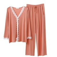 Homgro ženska slatka pidžama set meko čipka dugih rukava dolje majica Capri hlače postavljena lagana V izrez PJS džepove za spavanje narančastom malom medijumu