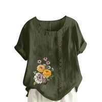 Elegantna cvjetna bluza mekani prozračni tunički posteljina vrhova Crewneck Majica kratkih rukava Chic