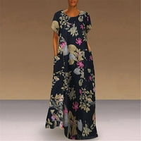 Ženski okrugli vrat Halfleve cvijeće Print Robes Style Kaftan labav duga haljina