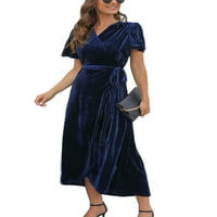 Glookwis Ženske haljine haljine Velvet midi haljine kaiš zabava duga haljina za odmor Elegant V izrez mornarsko plavo l