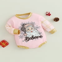 Baby Girl Božić Roadper Pleaid s dugih rukava Crta Santa Print BodySuit Novorođenčad za odmor, ružičasta