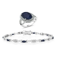 Gem Stone King 11. CT ovalni plavi safir Sterling srebrni prsten i narukvica Set nakita