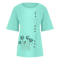 Qilakog Ženska modna ljetna pamučna posteljina na vrhu rukava casual okrugli vrat majice cvjetni ispisani