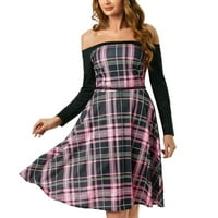 Jesenske ležerne haljine za žene Trendy Plaid Print Vintage sa ramena dugih rukava uzročno elegantno party haljina ružičasta m