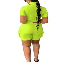 Beiwei Wone Lounge setovi kratkih rukava i kratke hlače Postavljeni rever Dvije odjeće jednokrevetne vrhove s odjećom o odijelu za ženske gumb prema dolje slim fit fluorescentni zeleni s