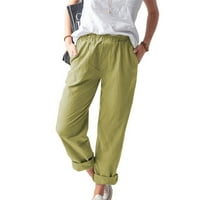 HHEI_K Ženske solidne pamučne posteljine elastične struke Ležerne prilike ravne pantalone Duge hlače
