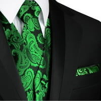 Best Tuxedo Muška formalna, vjenčana, maturalna, rođena, tuxedo prsluk, Tie & Hankie set u Green Paisleyu