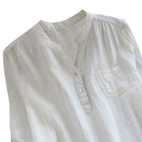 Košulje s dugim rukavima za žene plus veličine Ženska V-izrez dugih rukava s dugim gumbom pamučne i posteljine tucinske majice Ljetne majice bluza