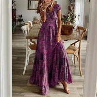 Pejock ženska ljetna haljina šifon casual tiska V-izrez kratki rukav duga haljina maxi haljine plaže
