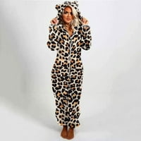 Oneie pidžama za žene Slatka leopard krava ispis Onesie kapuljača pajama patentni patelica sa dugim rukavima plišani kombinezon zimska topla playsuit