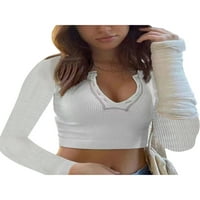 GUREUI Ženska kratka košulja, dugi rukav patchwork rebrasti prednji gumb V-izrez Tanak fit pupka majica