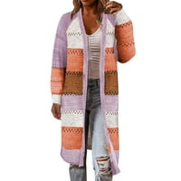 Hanzidakd ženski dugi otvoreni prednji kardigan džemperi jesen i zimski dugi rukav okrugli vrat poliesterski modni kardigan džemperi ljubičasti m