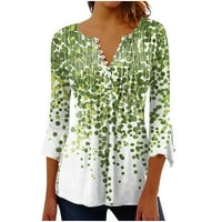 Dugme Down Majice za žene Jesen V-izrez Biljni cvijet Print rukav s rukavima, zelena 3xl