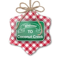 Božićni ukras zeleni znak Dobrodošli u Coconut Creek Red Plaid Neonblond