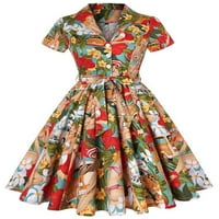 Retro cvjetni ispis kratkih rukava od ovratnik vintage žene A-line haljine