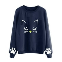 Ženska modna džemper Ležerne prilike Cat Print Okrugli izrez Dukseri sa dugim rukavima, pulover za bluzu