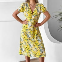 Ljetna haljina za žene Maxi V-izrez kratki rukav cvjetni žuto l
