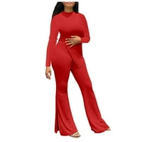 Ženske outfit mock izrez dugih rukava nepravilni gornji i podijeljeni hlače za splitske pantalone Lounge setovi poslovni rad odijela Crvena scena crvena l