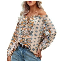 Cuoff bluze za žene Boho cvjetni print off ramena ruffle trim košulja prednje košulje žene žene beige