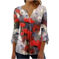 Yubatuo Ženske vrhove V izrez za rukav Henley majica cvjetni ispis vitka tunika bluza