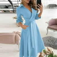Ljetne haljine za žene Solid V-izrez Wrap midi haljina modna haljina s dugim rukavima plave s