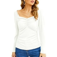 Sawvnm Žene Moda Moda Žene Čvrsta boja kvadratni vrat dugih rukava Preklopna majica Slim bluza Ušteda do 30% popusta na bijeli xxl
