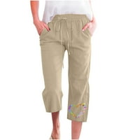 Capris pantalone za žensko čišćenje tiskane vučne elastične pamučne posteljine hlače ravne hlače sa