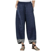 Ženske ležerne hlače Pamučne posteljine pantalone elastične struice obrezane hlače široka noga sa džepom