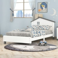 Krevet od platforme dvostruke veličine, platforma za drvo s uzglavljem u obliku kućnog oblikovanog za djecu odraslima tinejdžera, punog drveta Twin krevet sa letvicama sa letvicama za spavaću sobu, ne bit bit, bijela + siva