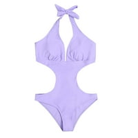Ženski kupaći kostimi za kopari za gumenja sa visokim strukom Modna casual dubokog v Jednostruko zavoj solidne boje Halter vrat seksi kupaći kostimi Bikinis Plivanje kupaći kupalište Purple XL