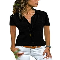 Yolossia Womens Džepovi bluza vrpce gumba s kratkim rukavima dolje majica