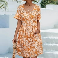 Žene cvjetne mini haljine ljeto V rect kratki rukav srupke rumen-sputa haljine s džepovima sa dlacima