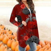 Cardigan za žene Lagani dugi rukav otvoren prednji ležerni cvjetni Halloween Print srednje dužine jakne