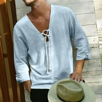 Muška proljetna ljetna casual moda modna marka pamučna posteljina čvrsta boja V-izrez dugi rukav
