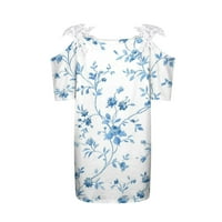 Scyoekwg Ženske košulje Trendy kratki rukav Klasični modni print ljetni vrhovi kauzalni udobni labavi krošnica čipka V-izrez hladne rame T majice Bluzes Sky Blue XL