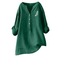 Dyfzdhu pamučne platnene majice za žene Ležerne prilike za perje Print V izrez dugih rukava plus veličine vrhova labava bluza