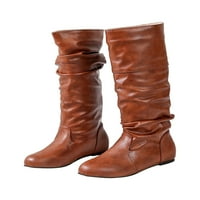 Daeful Women Flat Boot Okrugli nožni cipele Stretchy Slouchy Mid Calf čizme uredske modne udobnosti Povucite smeđe 6,5