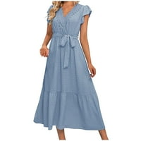 Qolati ljetne haljine za žene Trendy Trim V izrez Midi haljine ruffle s kratkim rukavima, točnoj haljini
