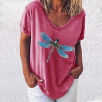 Ženski vrhovi Ženska modna casual labava V-izrez tiskana majica kratkih rukava Top Pink L