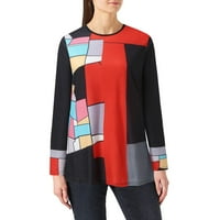 Ženska bluza O-izrez Colorblock Patchwork ispisana majica Top dugih rukava Ležerne prilike, Lagana labava