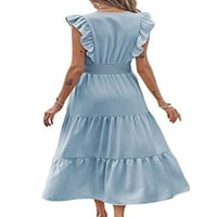 Haite Women Midi haljina V izrez Swing haljine bez rukava za odmor ruffer rukave svijetlo plava m