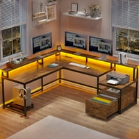 U obliku stola, 66 Kućni kancelarijski sto sa ladicom za file i utičnicu, računarski stolni stol sa LED svjetlima, polica za monitor, smeđa
