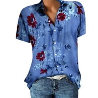 Ženski bluze V-izrez Ženska plus bluza plus veličina tiskane košulje kratki rukav ljetni vrhovi plavi m