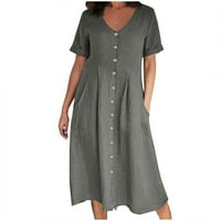 Giligiliso Žene Ljeto Ležerne prilike V-izrez Tipka s kratkim rukavima Džepne pamučne platnene haljine