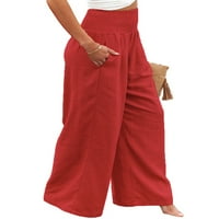 Ljetne žene labave pantalone, dame u stilu slobodnog vremena u boji u boji visoke struk ruched plaže široke pantalone za noge sa džepom