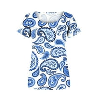 Ženska modna štampana casual okrugla kratkih rukava labava majica, plava, plava, s