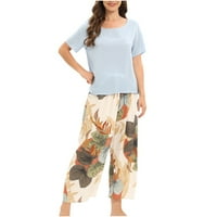 Pijamas setovi za žene Solidne boje kratkih rukava s cvjetnim print pantalonama Casual Pajama setovi